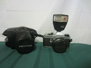 Vintage Pentax Mg 35mm Camera W 50mm Lens And Flash - Well - Student