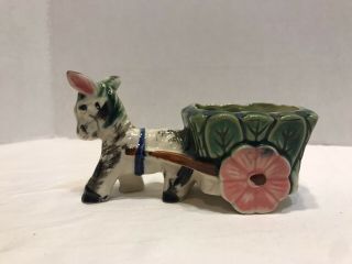 Vtg Donkey Pulling Cart With Flowers As Wheels Ceramic Planter Toothpick Holder