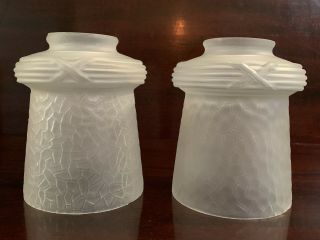 Pair (2) Vintage Art Deco Frosted Light Shades Crackle Glass Pattern