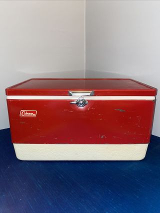 Vintage 1978 Red Metal Coleman Cooler Ice Chest W/ Locking Handle And Inner Tray
