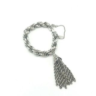 Vintage Monet Silver Tone Rope Chain Link Tassel Bracelet Safety Chain 7.  5 "