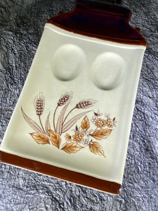Vintage Ceramic Double Spoon Rest Wheat & Flowers Motif Ivory & Brown