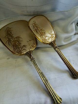 Vintage Gold Dresser Set Beveled Hand Mirror & Brush Metal W/floral Designs