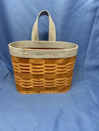 Vintage Wood Splint Woven Basket Wall Hanging With Handle & Hand Painted Design
