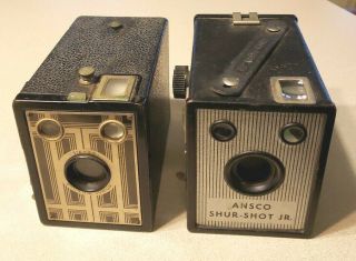 Vintage Box Cameras,  Art Deco Kodak Brownie Junior Six 20 & Ansco Shur - Shot Juni