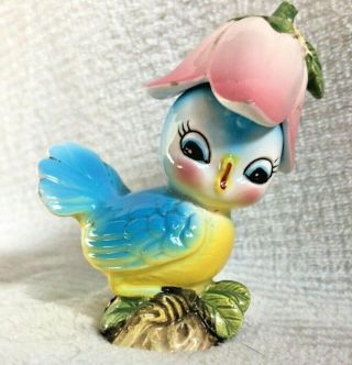 Vintage Anthropomorphic Blue Bird W/ Flower Hat Salt/pepper Shaker Figurine - G