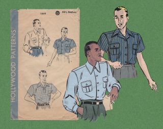 Vtg 40s 50s Sewing Pattern Hollywood 1849 Men Ricky Rockabilly Shirt 16.  5 L