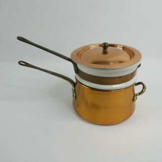 Vintage Copper Double Boiler With Brass Handles Porcelain Insert Cookware Warmer