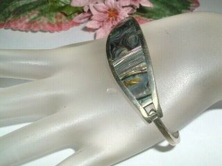 Vintage Mexican Alpaca Silver Inlaid Abalone Cuff Bracelet In Gift Box