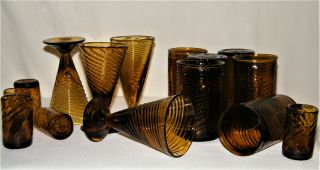 - Vintage Set Brown Swirl Blown Glass 4 - Wines 5 - Shots 6 - Tumblers Mexico