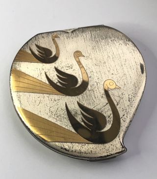 Vintage Elgin American Deco Swans Powder Makeup Clamshell Compact W/ Mirror