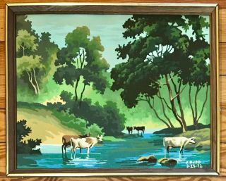 Vintage Large Paint By Number Pbn Framed Cows Creek Stream Farm Pastural Country