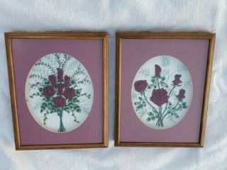 Completed Framed Embroidery Needle Craft Raised Burgundy Roses Pearls Vintage