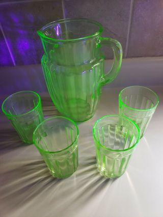 Vintage Green Vaseline Depression Glass Pitcher 8 1/4 " & 4 Matching Glasses