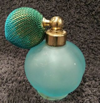 " Look " Vintage Blue Frosted Art Deco Glass Perfume Bottle / Atomizer