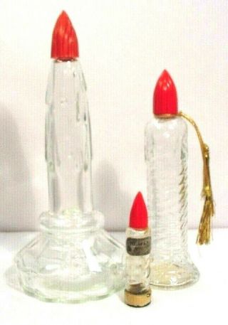 3 Vintage Candle Perfume Bottles Red Flame Tops Lander Amole Colonial Dames