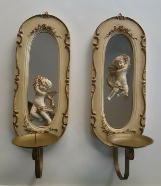Vintage Set Of Mirror Wall Sconces Candle Holders With Cerubs Gold Trim Roses
