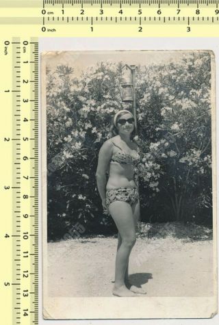 Bikini Woman With Shades Swimwear Lady Beach Portrait Vintage Photo Old