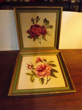 2 Vintage Finished Needlepoint Pictures Wood Frames Roses 9 " Square