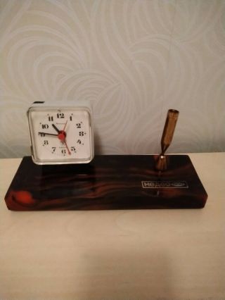 Antique Vintage Art Deco Bakelite Pen Holder Desktop With Clock