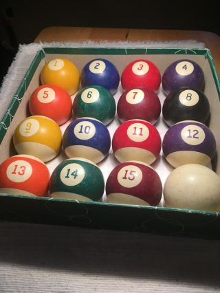 Vintage 2 - 1/4 " Set Of Pool Balls.  They Show Use,  But Nothing Severe.