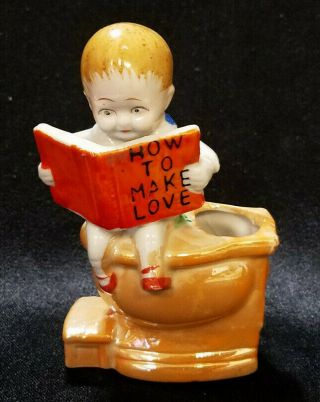 Vintage Lusterware Whimsical Boy On Toilet Reading How To Make Love,  C.  1920 - 30s