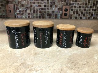 Set Of 4 Vallenti Italy Mid Century Modern Canisters Enamelware With Wooden Lids