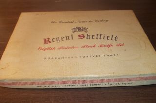 Regent Sheffield England Steak Knife Box Set Of 6 Brown Handle Serrated Vintage
