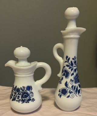 Vintage Avon Milk Glass Bottles Set Of 2 Blue Flower Perfume Oil Mini Pitcher