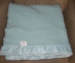 Vintage Faribo Faribault Woolen Mill Blue Wool Blanket Satin Trim 82x74