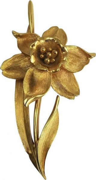 Vintage Crown Trifari Daffodil Flower Pin Brooch Gold Tone