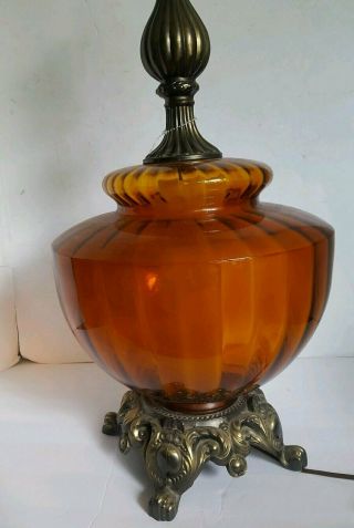 Mid Century Amber Ribbed Optical Glass,  Brass Table Lamp Ef & Ef Industries