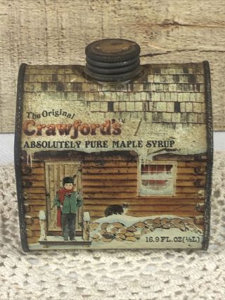Vintage Crawford’s Pure Maple Syrup 16.  9 Oz Log Cabin Metal Advertising Tin