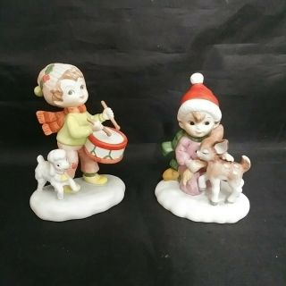 Vintage Lefton Hand Painted China Drummer Boy And Girl With Fawn Figurines 03643