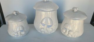 Vintage Ceramic Painted Mushroom 3 Piece Canister Set Arnel 