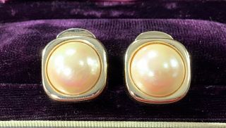 Vintage 1980’s Signed Christian Dior Gold Tone Luminous Faux Pearl Clip Earrings