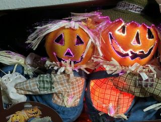 Vtg Fiber Optic Pumpkin Scarecrow Couple Light Up Color Changing Halloween Gemmy