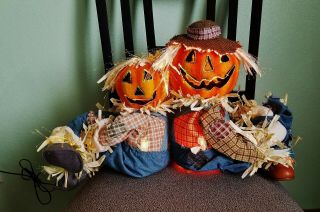 Vtg Fiber Optic Pumpkin Scarecrow Couple Light Up Color Changing Halloween Gemmy 2