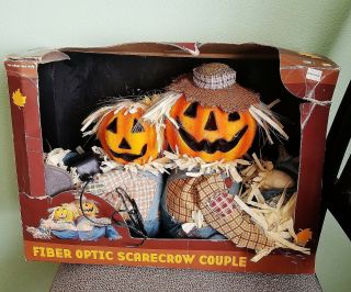 Vtg Fiber Optic Pumpkin Scarecrow Couple Light Up Color Changing Halloween Gemmy 3