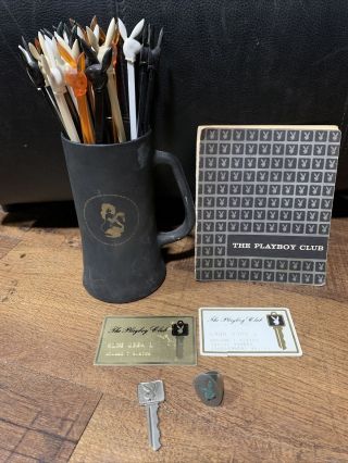 Vintage 1960s The Playboy Club Credit Cards & Key & Photo & Cup & Swizzle Sticks