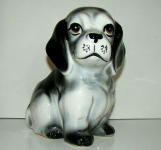 Vintage Ceramic Puppy Dog Planter Vase Spaniel Labrador Black And White