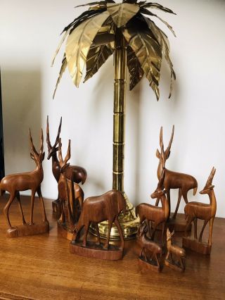 9 Vintage Teak Stag Family Carved Midcentury Wooden Antelope Gazelle 1960s