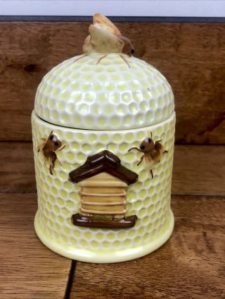Vintage Ceramic Bee Hive Honey Pot Jar With Pour Spout And Lid