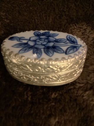Blue & White Silver Pill Or Trinket Box,  Vintage Blue Flower White Background