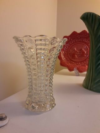 Small Vintage Pressed Glass Vase Dots And Bars 4 3/4 " Tall