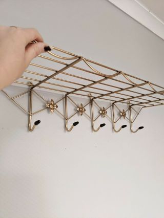 1960s Gold Metal Wire Coat Hook & Shelf Rack Set 1950s Atomic Hallway Storage