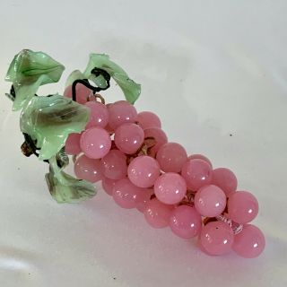 Vintage Mcm Pink Stone Grape Cluster With Jade Leaves