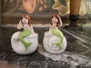 Vintage Mermaid Sitting On Sea Shell Salt And Pepper Shakers Hand Painted