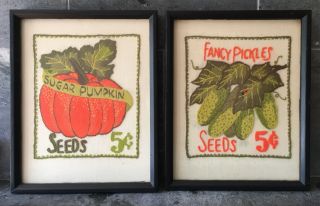 Vtg Paragon 70s Framed Crewel Embroidery Pumpkin Pickle Seeds Complete 2pc 15x12