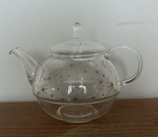 Mid Century Modern Atomic Starburst Glass Teapot Tea Pot Lid Clear Vintage
